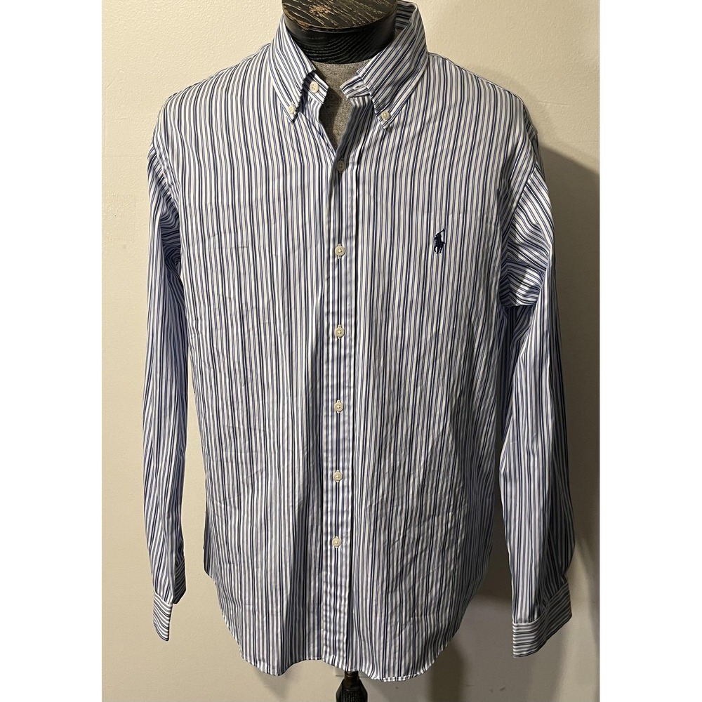 Ralph Lauren Shirt Mens Large‎ Blue Stripe Custom Fit Button Down Long Sleeve